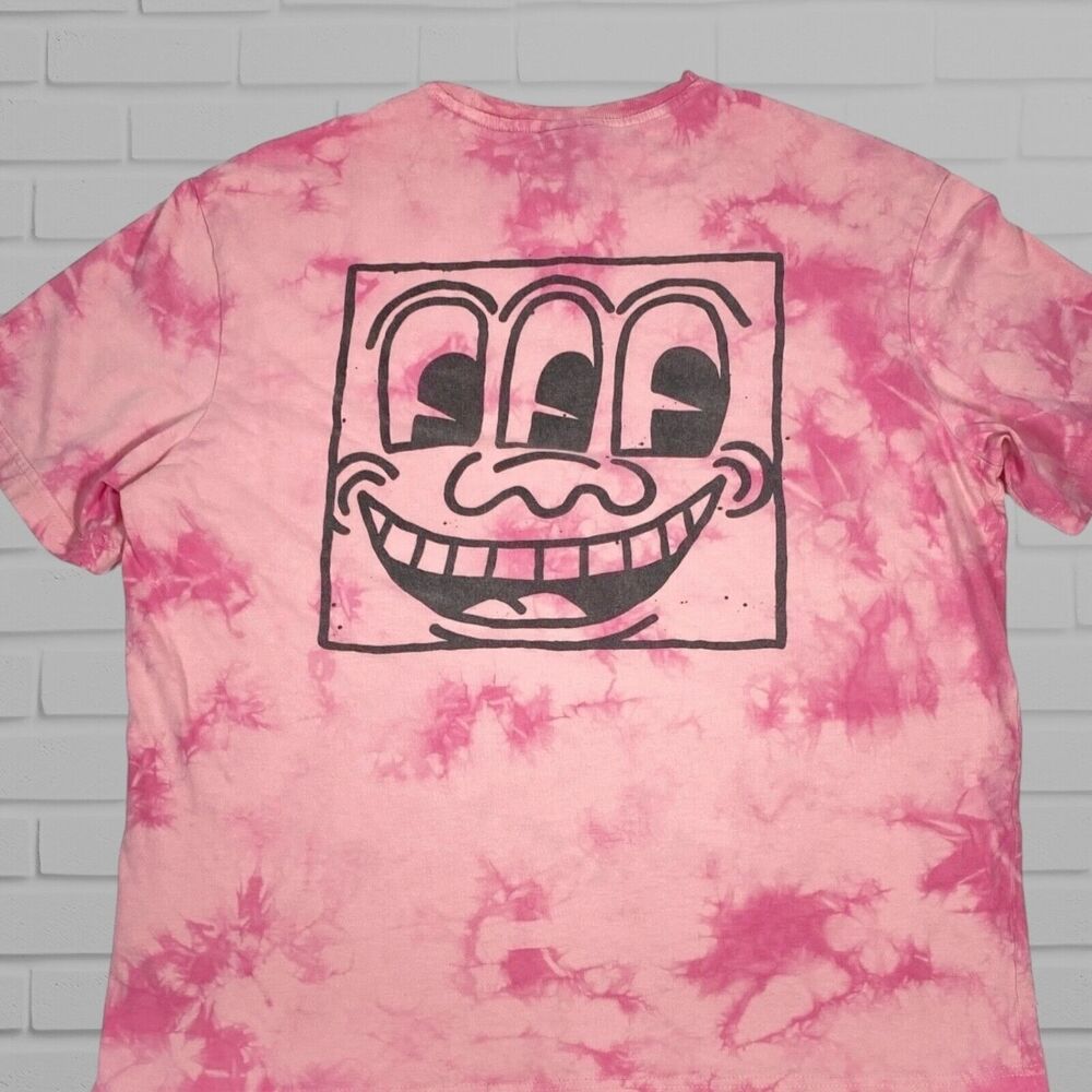 H&M x Keith Haring Mens T Shirt M Pink Relaxed Tie Dye Three Eyed Face Artist
